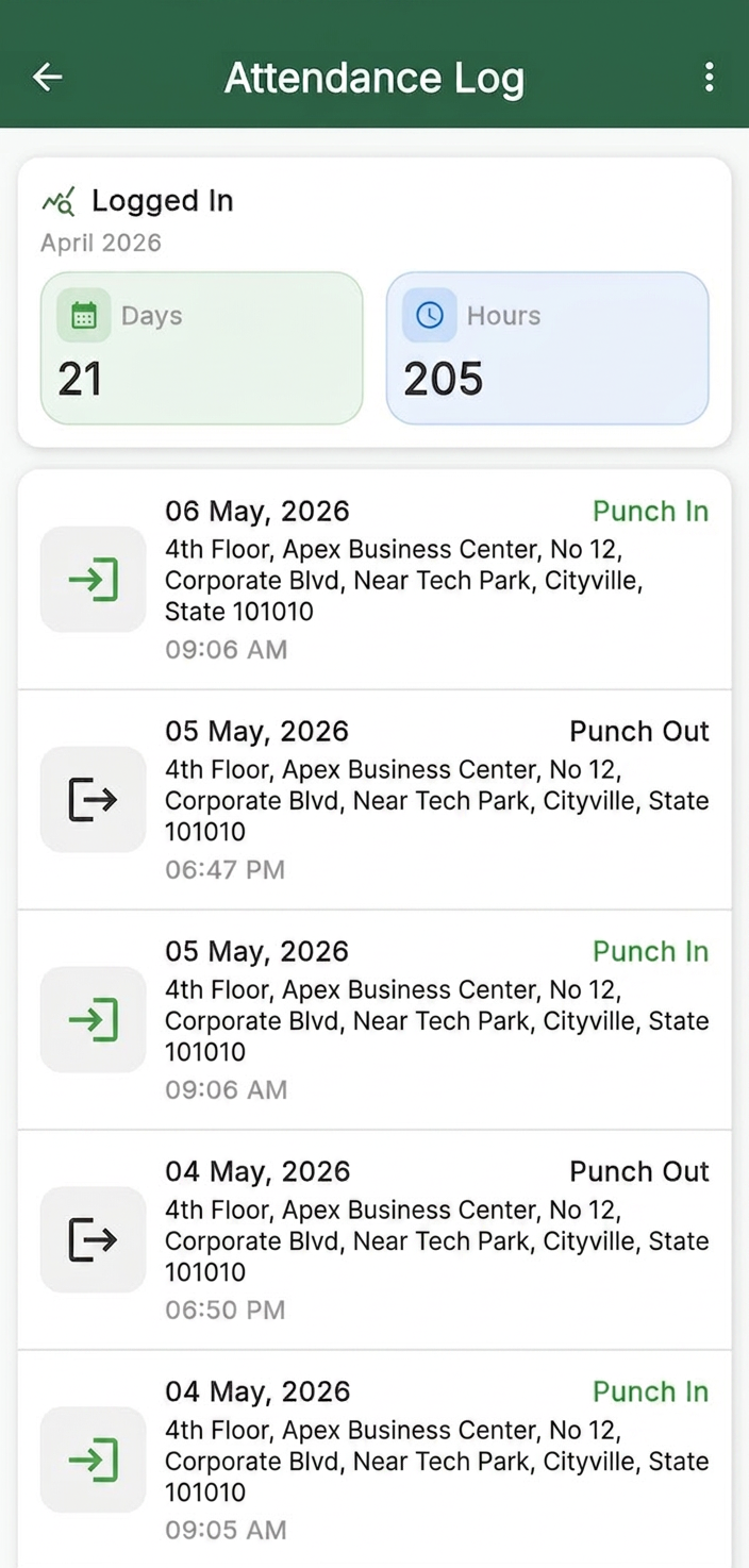 Ander Baher app screenshot — Attendance log