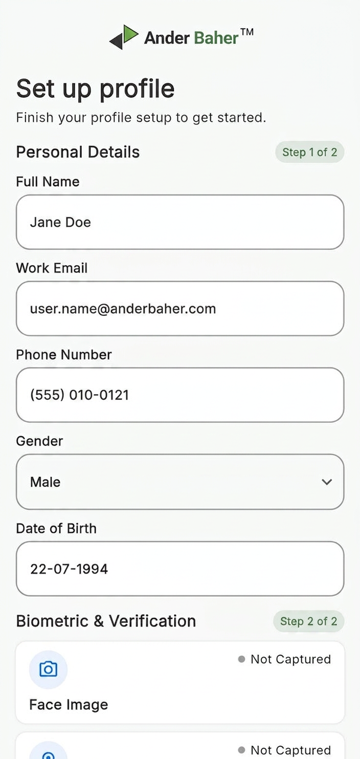 Ander Baher app screenshot — Profile setup