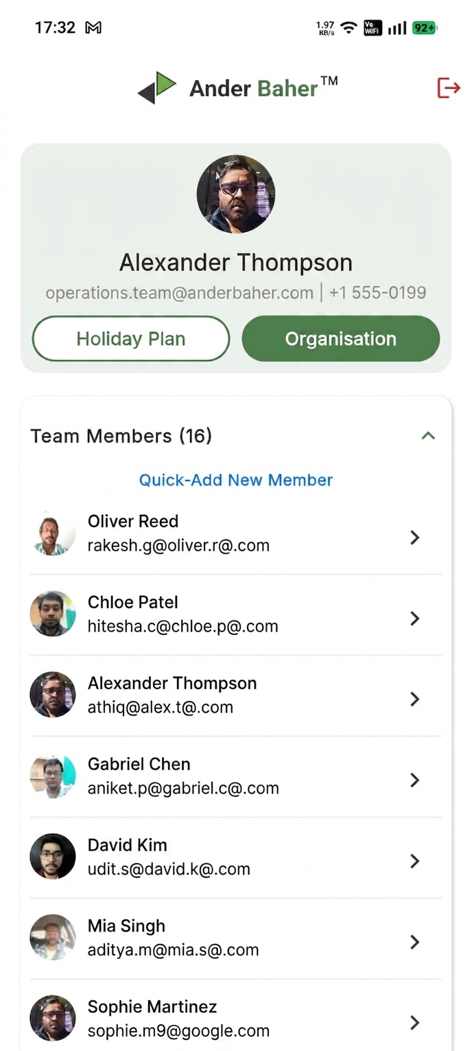 Ander Baher app screenshot — Team members